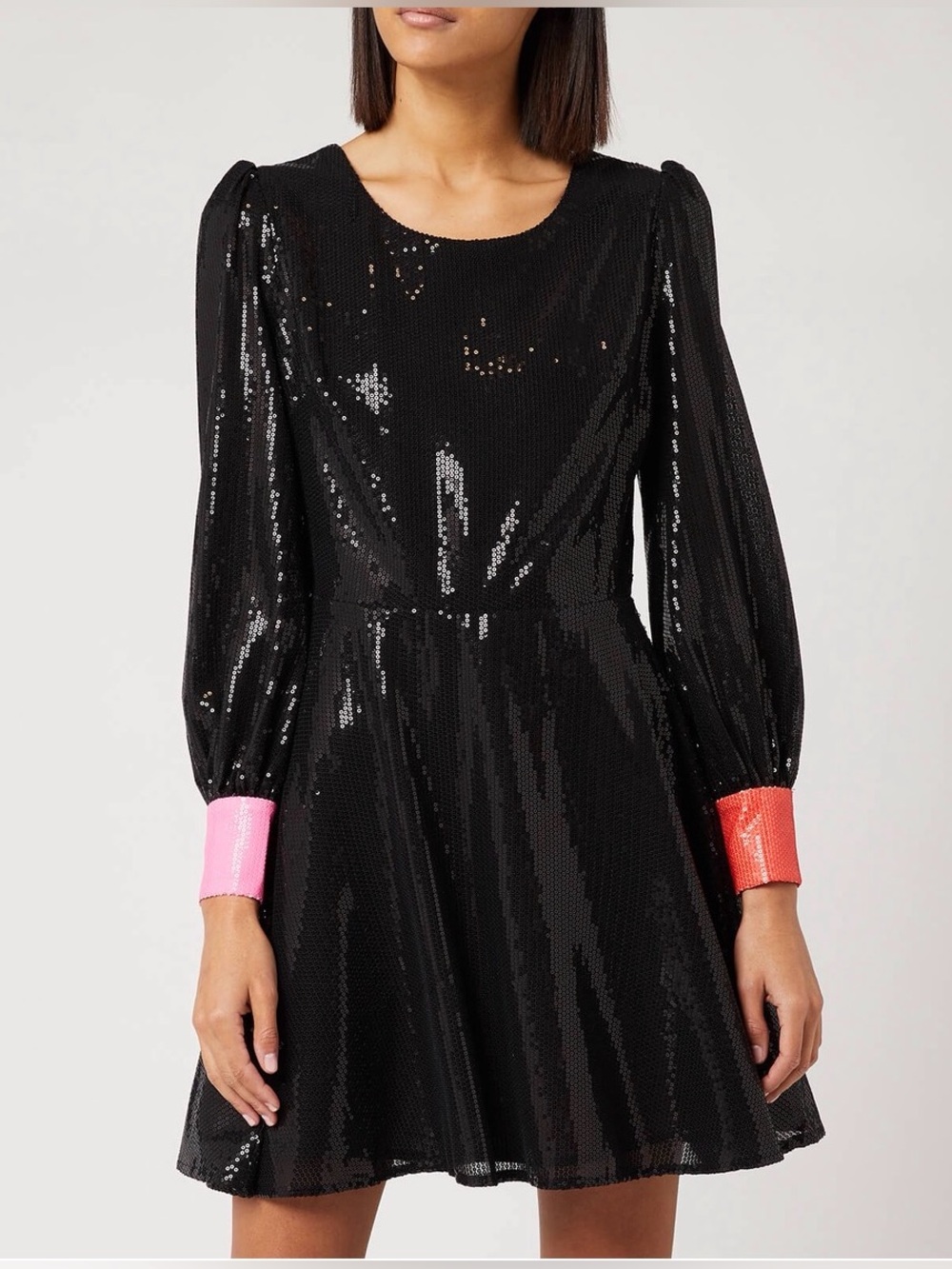 OLIVIA RUBIN Bea Heart Cut-Out Black Sequin Dress with Pink&Coral Cuffs US4 UK8